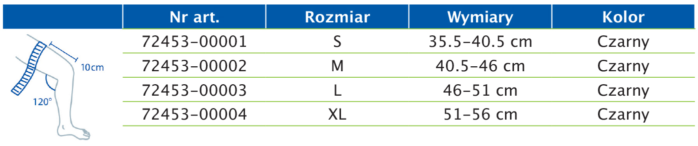 Tabela rozmiarów przedstawiająca wymiary ortezy stabilizującej staw kolanowy z regulowaną pelotą w kształcie podkowy i fiszbinami Tabela rozmiarów przedstawiająca wymiary ortezy stabilizującej staw kolanowy z regulowaną pelotą w kształcie podkowy i fiszbinami